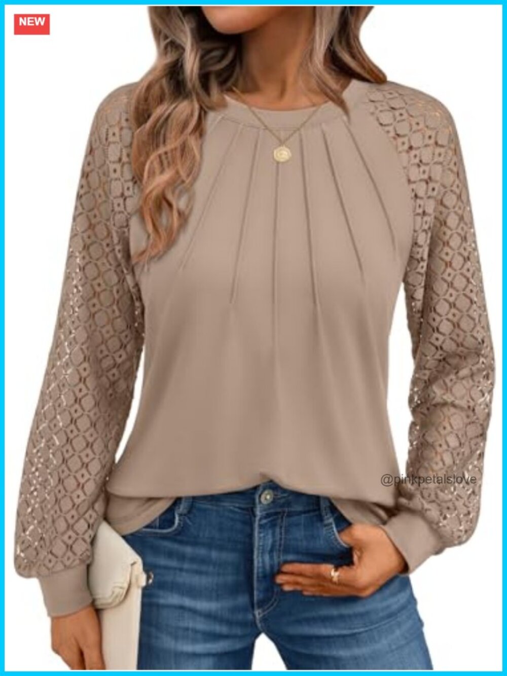 Womens Lace Sleeve Blouse Long Sleeve Crew Neck Casual Top